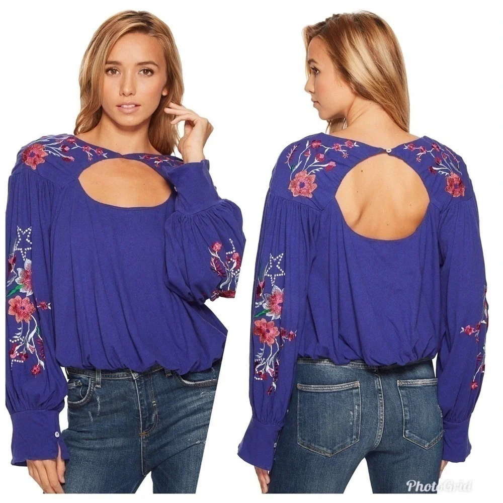 Free People Lita Embroidered Cut Out Top S